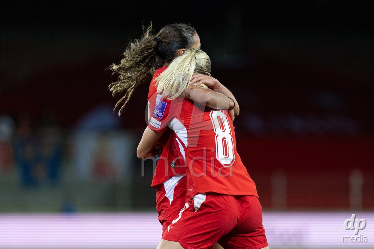 SION, SWITZERLAND, OCTOBER 13 : Iman Beney of Switzerland and Nadine Riesen of Switzerland celebrate the goal (1-0) during the FIFA Women's World Cup 2027 Women's European Qualifiers Play-offs game between Switzerland and Israel at Stade de Tourbillon on October 13, 2026 in Sion, Switzerland.