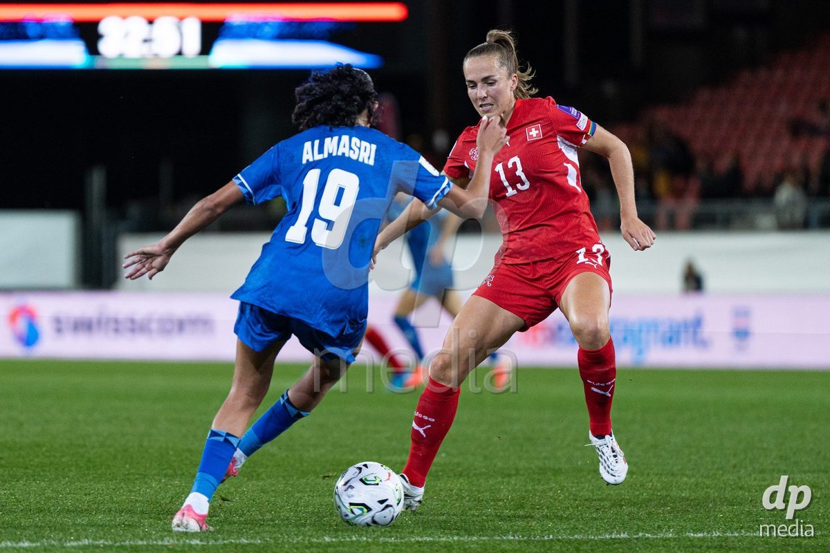 SION, SWITZERLAND, OCTOBER 13 : Maria Almasri of Israel dribbles during the FIFA Women's World Cup 2027 Women's European Qualifiers Play-offs game between Switzerland and Israel at Stade de Tourbillon on October 13, 2026 in Sion, Switzerland.