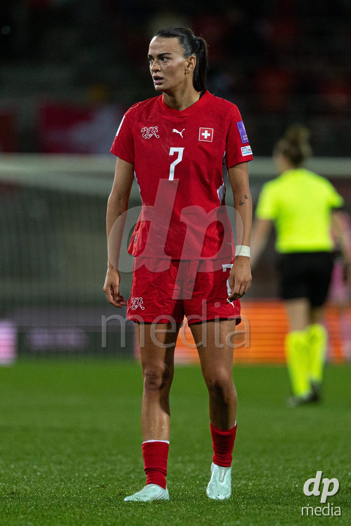 SION, SWITZERLAND, OCTOBER 13 : Riola Xhemaili of Switzerland in action during the FIFA Women's World Cup 2027 Women's European Qualifiers Play-offs game between Switzerland and Israel at Stade de Tourbillon on October 13, 2026 in Sion, Switzerland.
