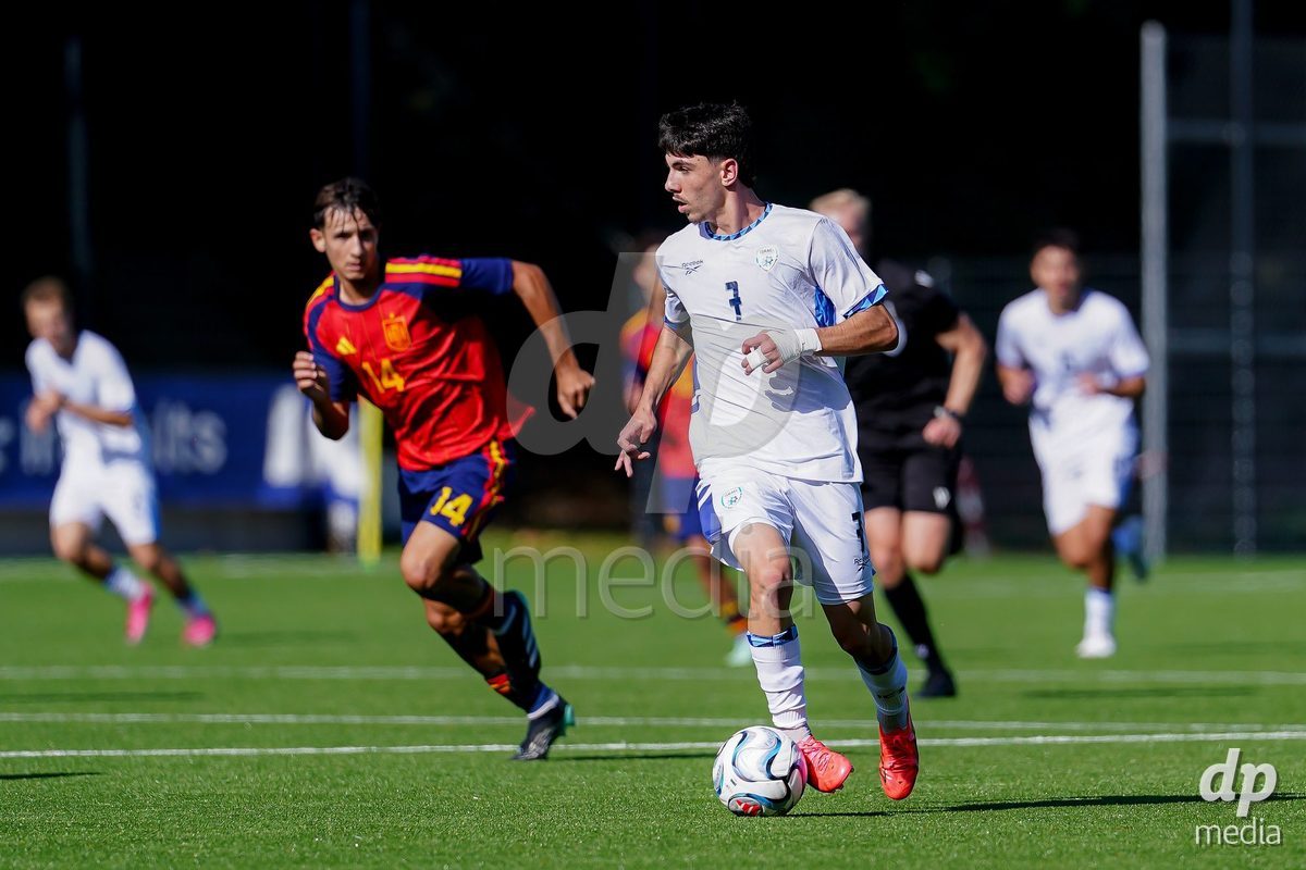 SCHAAN, LIECHTENSTEIN - OCTOBER 15: Yotam Kalfa of Israel controls the ball during the UEFA European Under-17 Qualifier match between Spain and Israel at LFV Campus Rheinwiese on October 15, 2026 in Schaan, Liechtenstein.