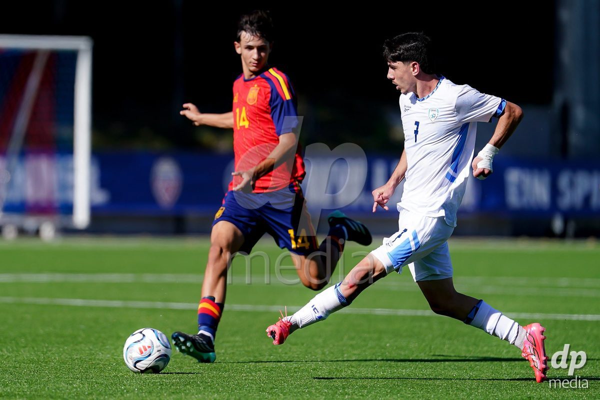 SCHAAN, LIECHTENSTEIN - OCTOBER 15: Yotam Kalfa of Israel controls the ball during the UEFA European Under-17 Qualifier match between Spain and Israel at LFV Campus Rheinwiese on October 15, 2026 in Schaan, Liechtenstein.