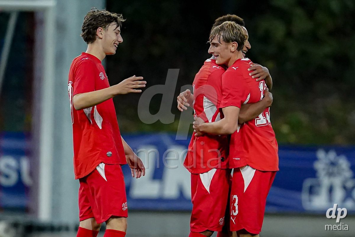 SCHAAN, LIECHTENSTEIN - OCTOBER 15: Switzerland celebrating after winning the UEFA European Under-17 Qualifier match between Switzerland and Liechtenstein at LFV Campus Rheinwiese on October 15, 2026 in Schaan, Liechtenstein.