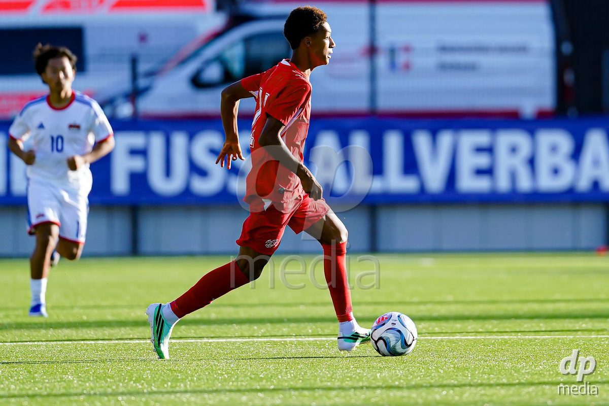 SCHAAN, LIECHTENSTEIN - OCTOBER 15: Ryan Hare of Switzerland controls the ball during the UEFA European Under-17 Qualifier match between Switzerland and Liechtenstein at LFV Campus Rheinwiese on October 15, 2026 in Schaan, Liechtenstein.