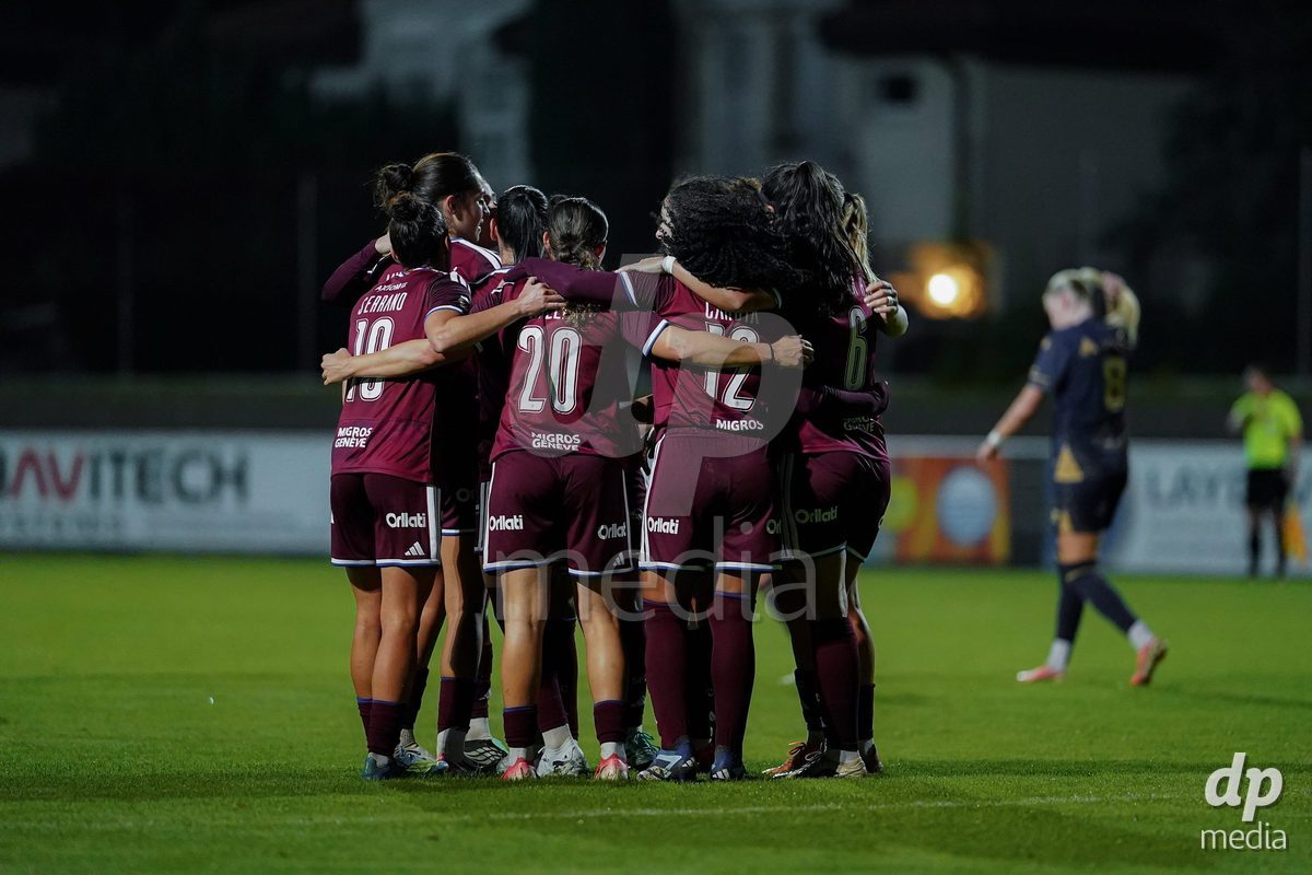 GENEVA, SWITZERLAND - OCTOBER 16: Ghoutia Karchouni of Servette FC Chenois Feminin celebrating with team after scoring teams first goal during the AXA Women's Super League match between Servette FC Chenois Feminin and FC Luzern at Stade de Trois-Chene on October 16, 2026 in Geneva, Switzerland.