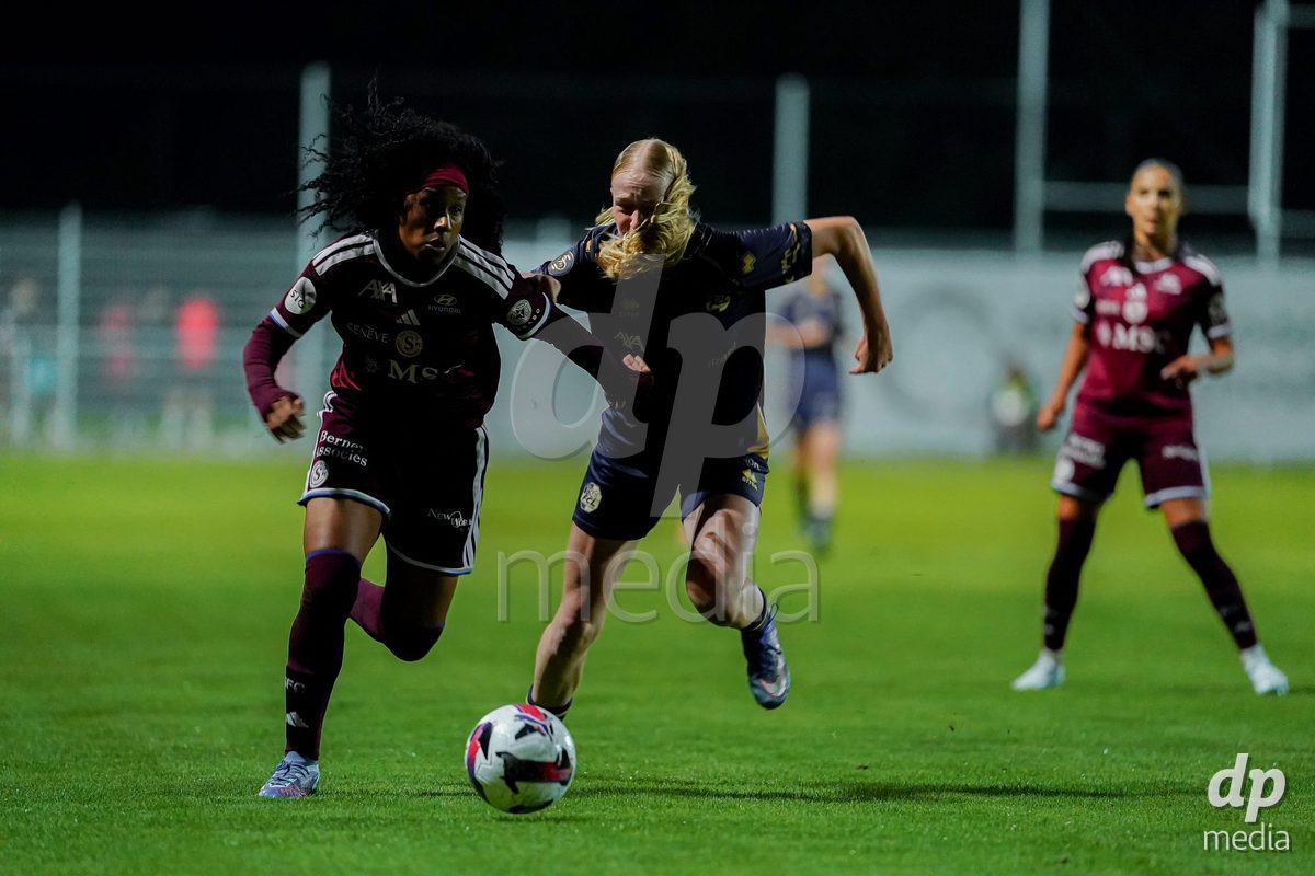 GENEVA, SWITZERLAND - OCTOBER 16: Mickaella Cardia of Servette FC Chenois Feminin battle for the ball during the AXA Women's Super League match between Servette FC Chenois Feminin and FC Luzern at Stade de Trois-Chene on October 16, 2026 in Geneva, Switzerland.