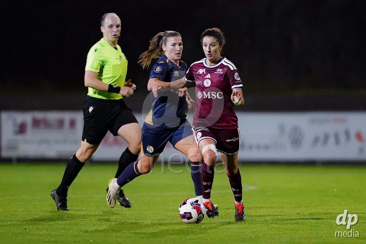 GENEVA, SWITZERLAND - OCTOBER 16: Ghoutia Karchouni of Servette FC Chenois Feminin controls the ball during the AXA Women's Super League match between Servette FC Chenois Feminin and FC Luzern at Stade de Trois-Chene on October 16, 2026 in Geneva, Switzerland.