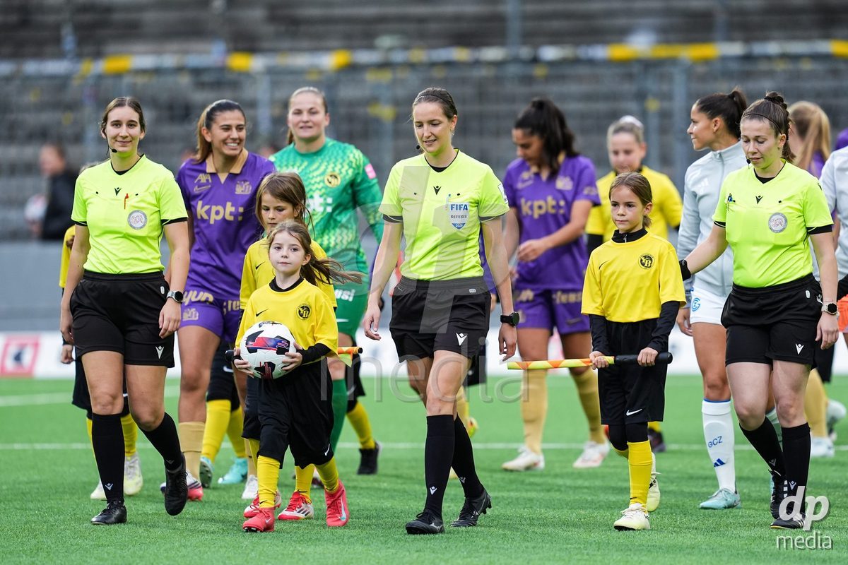 BERN, SWITZERLAND - OCTOBER 17: Walk-in players and referee during the AXA Women's Super League match between BSC YB Frauen and GC Frauenfussball at Wankdorf Stadion on October 17, 2026 in Bern, Switzerland.