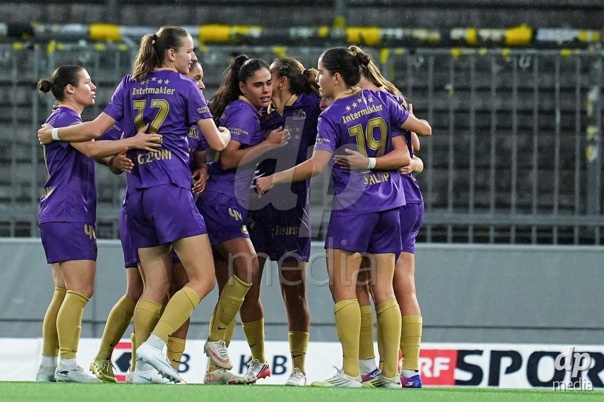 BERN, SWITZERLAND - OCTOBER 17: Stephanie Waeber of BSC YB Frauen celebrates with teammates after scoring her team's first goal  during the AXA Women's Super League match between BSC YB Frauen and GC Frauenfussball at Wankdorf Stadion on October 17, 2026 in Bern, Switzerland.