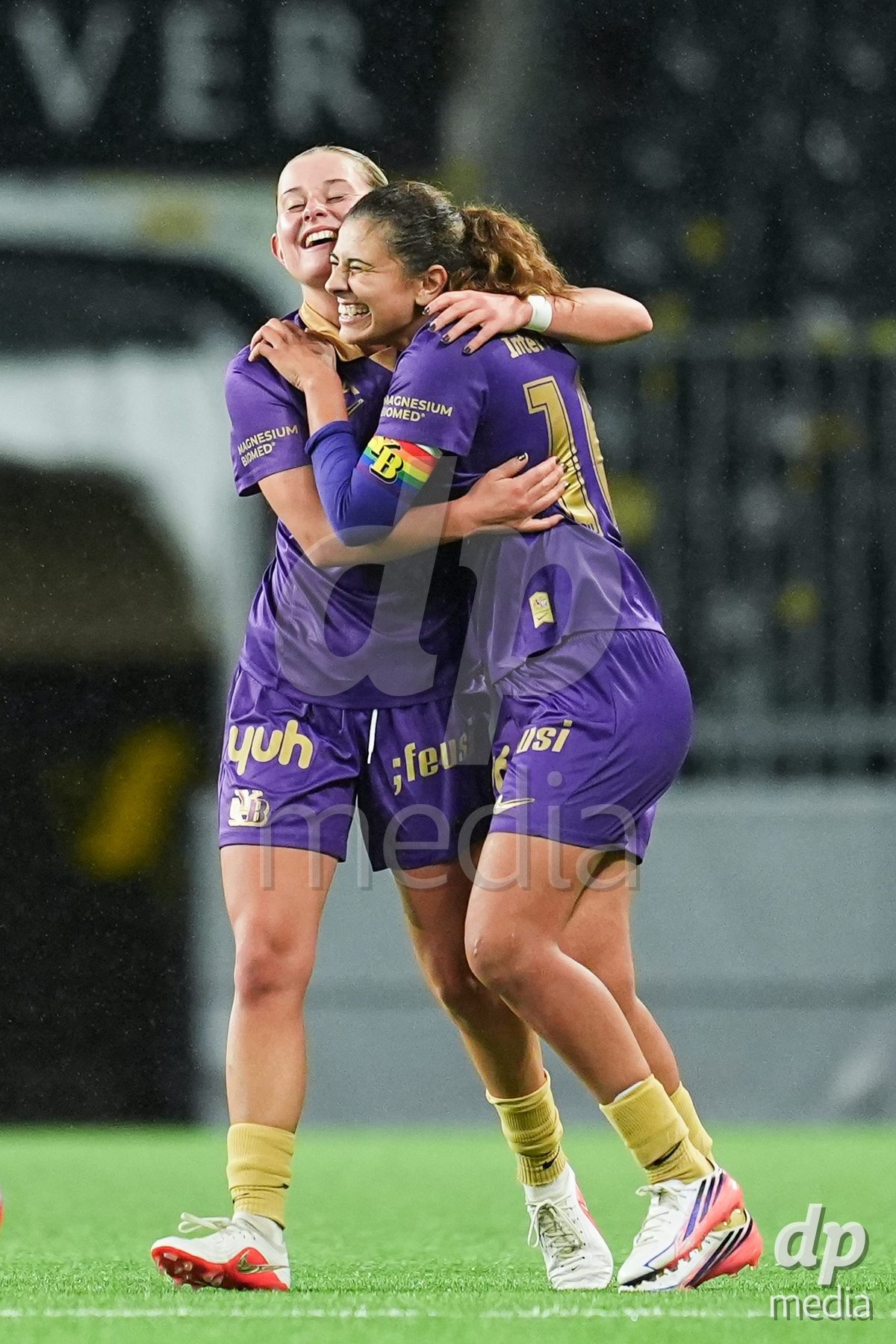 BERN, SWITZERLAND - OCTOBER 17: Leonie Koster of BSC YB Frauen and Stephanie Waeber of BSC YB Frauen celebrate the third team goal during the AXA Women's Super League match between BSC YB Frauen and GC Frauenfussball at Wankdorf Stadion on October 17, 2026 in Bern, Switzerland.