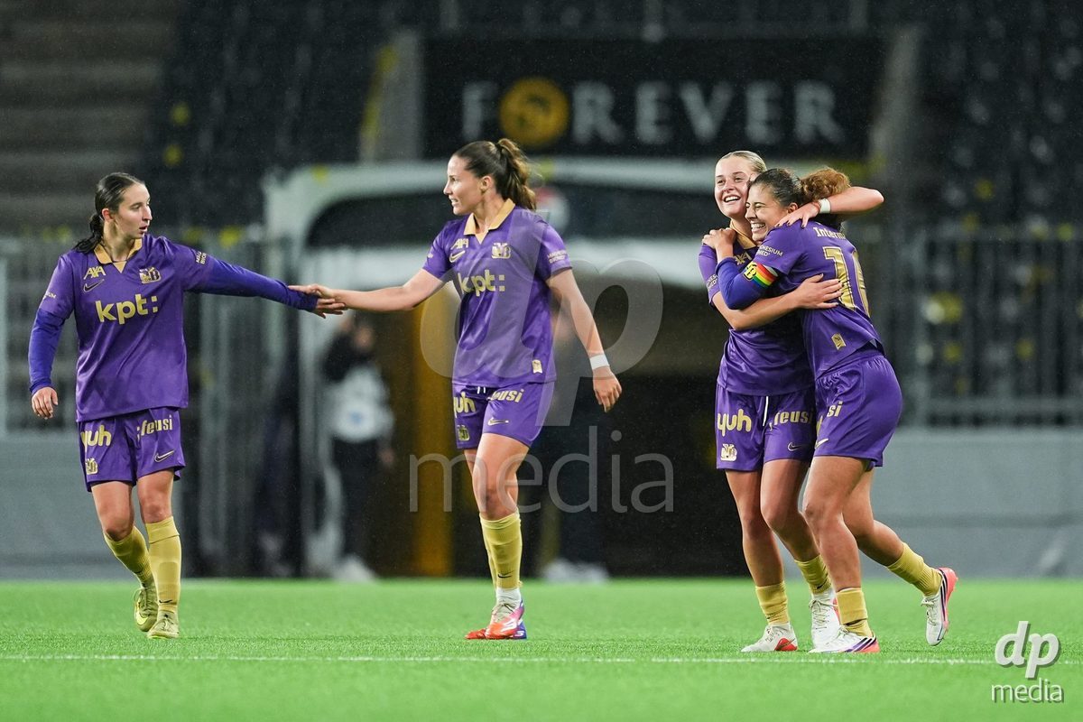BERN, SWITZERLAND - OCTOBER 17: Leonie Koster of BSC YB Frauen and Stephanie Waeber of BSC YB Frauen celebrate the third team goal during the AXA Women's Super League match between BSC YB Frauen and GC Frauenfussball at Wankdorf Stadion on October 17, 2026 in Bern, Switzerland.