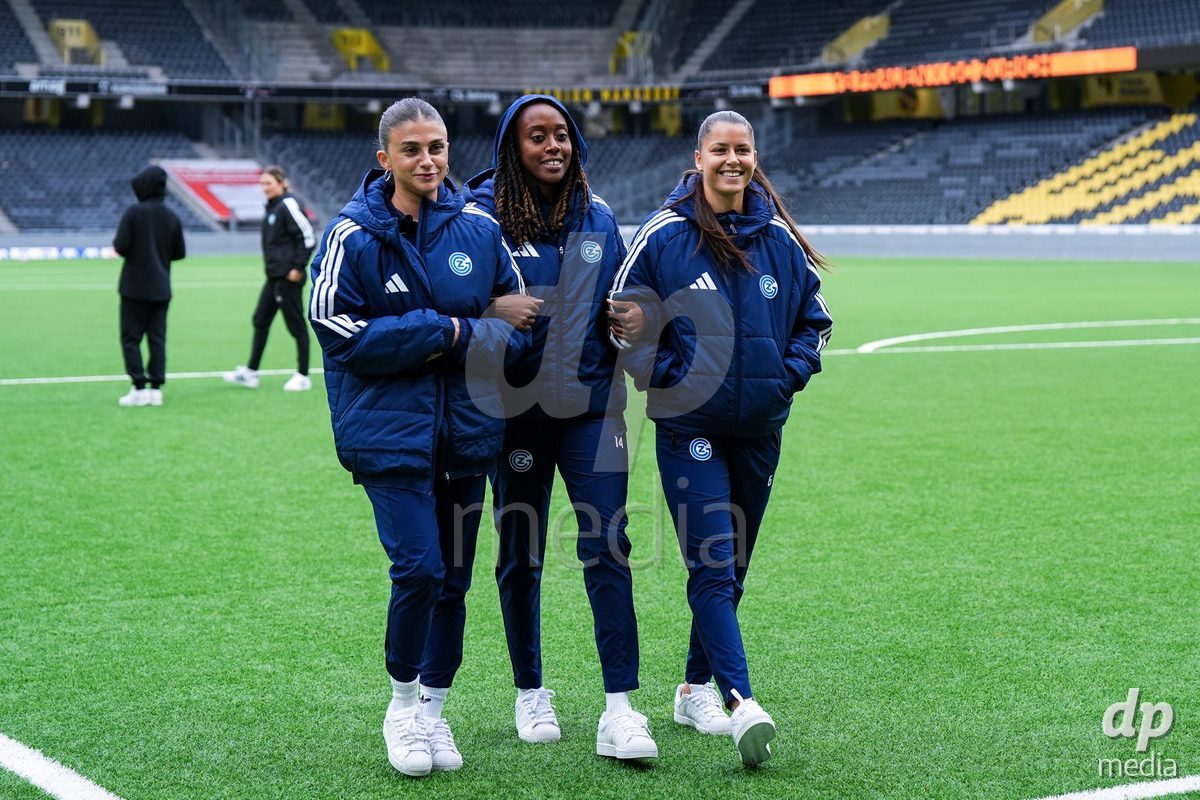 BERN, SWITZERLAND - OCTOBER 17: Viola Avduli, Paige Bailey Gayle and Luna Lemperiere of GC Frauenfussball arrive during the AXA Women's Super League match between BSC YB Frauen and GC Frauenfussball at Wankdorf Stadion on October 17, 2026 in Bern, Switzerland.