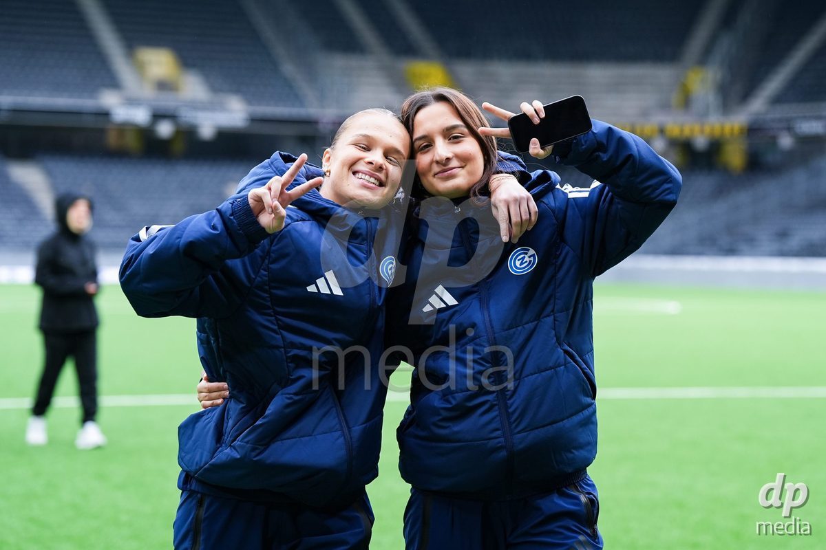 BERN, SWITZERLAND - OCTOBER 17: Ella Ljustina and Yade Bayrakdar of GC Frauenfussball arrived prior to the AXA Women's Super League match between BSC YB Frauen and GC Frauenfussball at Wankdorf Stadion on October 17, 2026 in Bern, Switzerland.