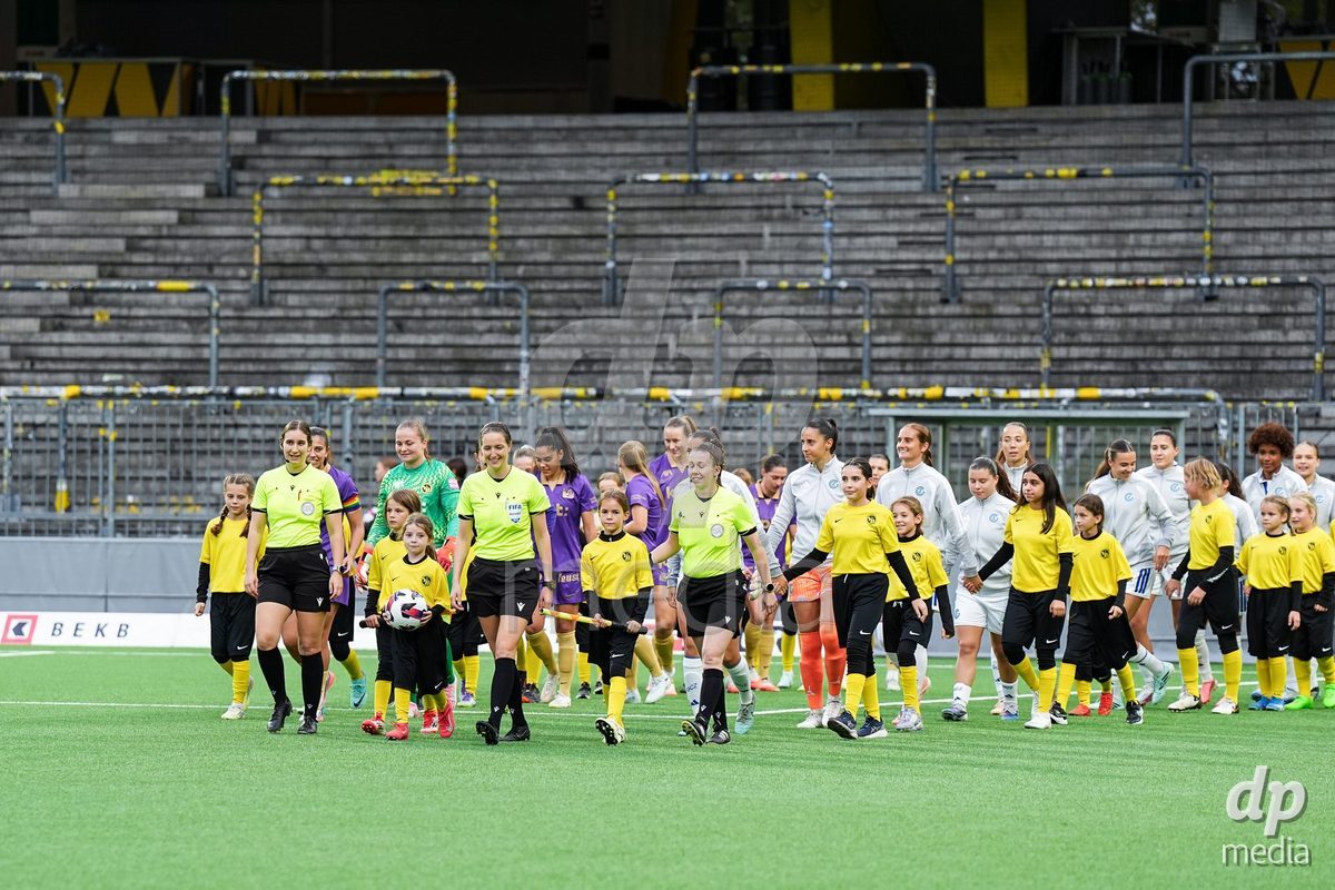 BERN, SWITZERLAND - OCTOBER 17: Walk-in players and referee during the AXA Women's Super League match between BSC YB Frauen and GC Frauenfussball at Wankdorf Stadion on October 17, 2026 in Bern, Switzerland.