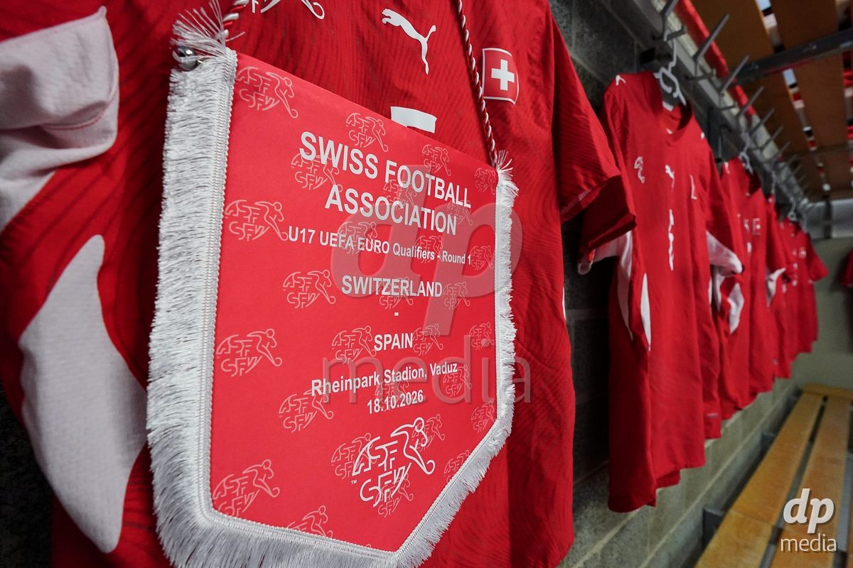 VADUZ, LIECHTENSTEIN - OCTOBER 18: General view inside the dressing room of team Switzerland prior to the UEFA European Under-17 Qualifier match between Switzerland and Spain at Rheinpark Stadion on October 18, 2026 in Vaduz, Liechtenstein.