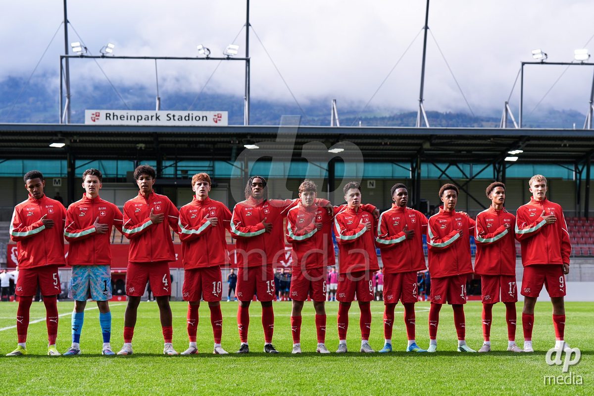 VADUZ, LIECHTENSTEIN - OCTOBER 18: Players of Switzerland during the national anthem prior to the UEFA European Under-17 Qualifier match between Switzerland and Spain at Rheinpark Stadion on October 18, 2026 in Vaduz, Liechtenstein.