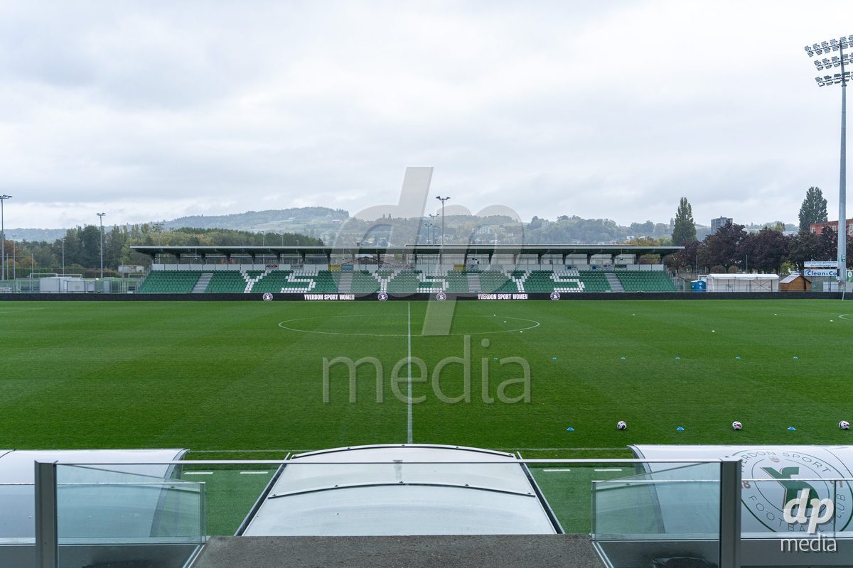 YVERDON-LES-BAINS, SWITZERLAND - OCTOBER 18: General view of Stade Municipal prior to the AXA Women's Super League match between FC Yverdon Women and FC Rapperswil-Jona at Stade Municipal on October 18, 2026 in Yverdon-les-Bains, Switzerland.