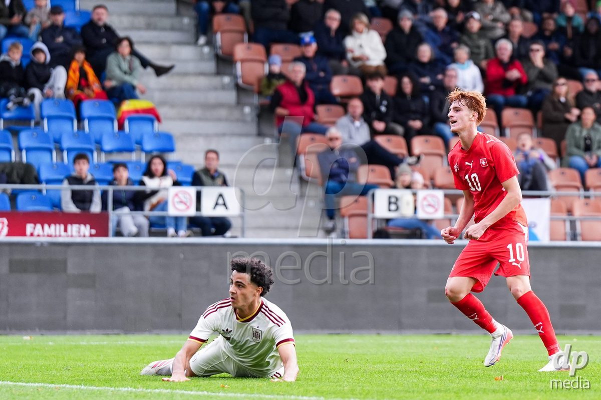VADUZ, LIECHTENSTEIN - OCTOBER 18: Eron Kele of Switzerland celebrates scoring the first team goal during the UEFA European Under-17 Qualifier match between Switzerland and Spain at Rheinpark Stadion on October 18, 2026 in Vaduz, Liechtenstein.