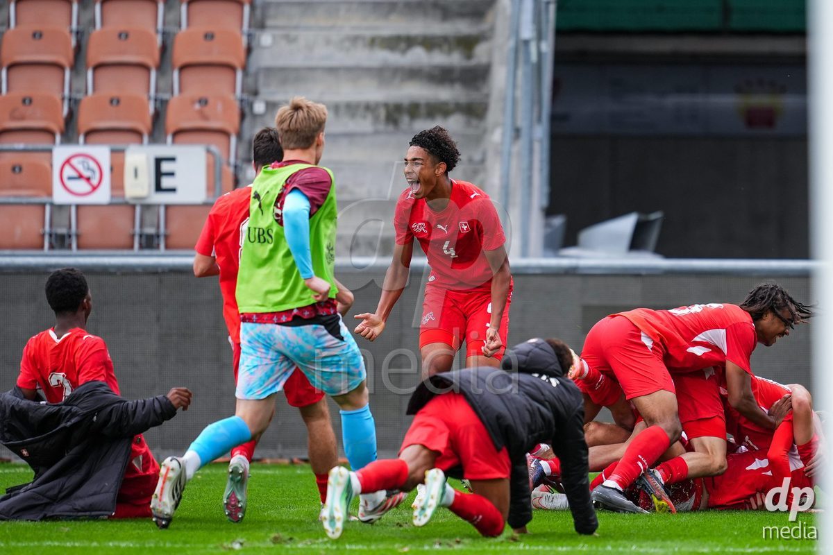 VADUZ, LIECHTENSTEIN - OCTOBER 18: XNiko Cavka of Switzerland celebrates his second team goal with teammates during the UEFA European Under-17 Qualifier match between Switzerland and Spain at Rheinpark Stadion on October 18, 2026 in Vaduz, Liechtenstein.