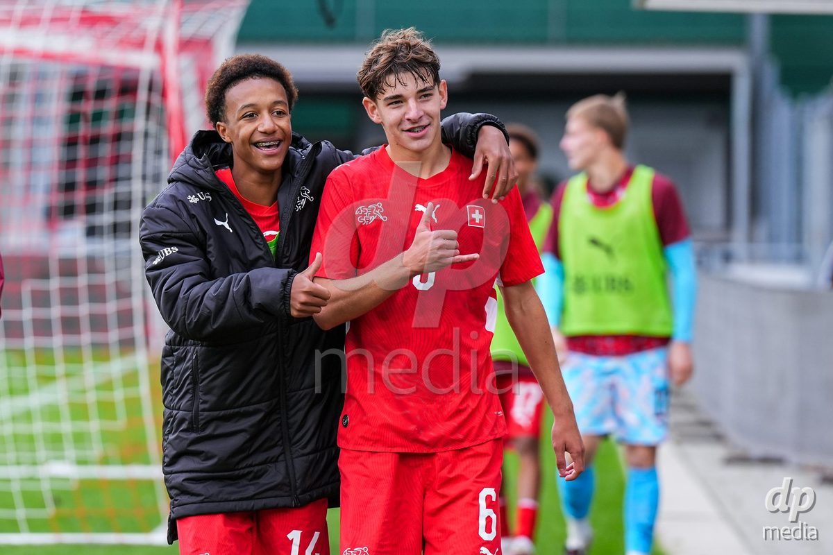 VADUZ, LIECHTENSTEIN - OCTOBER 18: Ryan Hare of Switzerland and Niklas Zuger of Switzerland celebrate the second team goal during the UEFA European Under-17 Qualifier match between Switzerland and Spain at Rheinpark Stadion on October 18, 2026 in Vaduz, Liechtenstein.