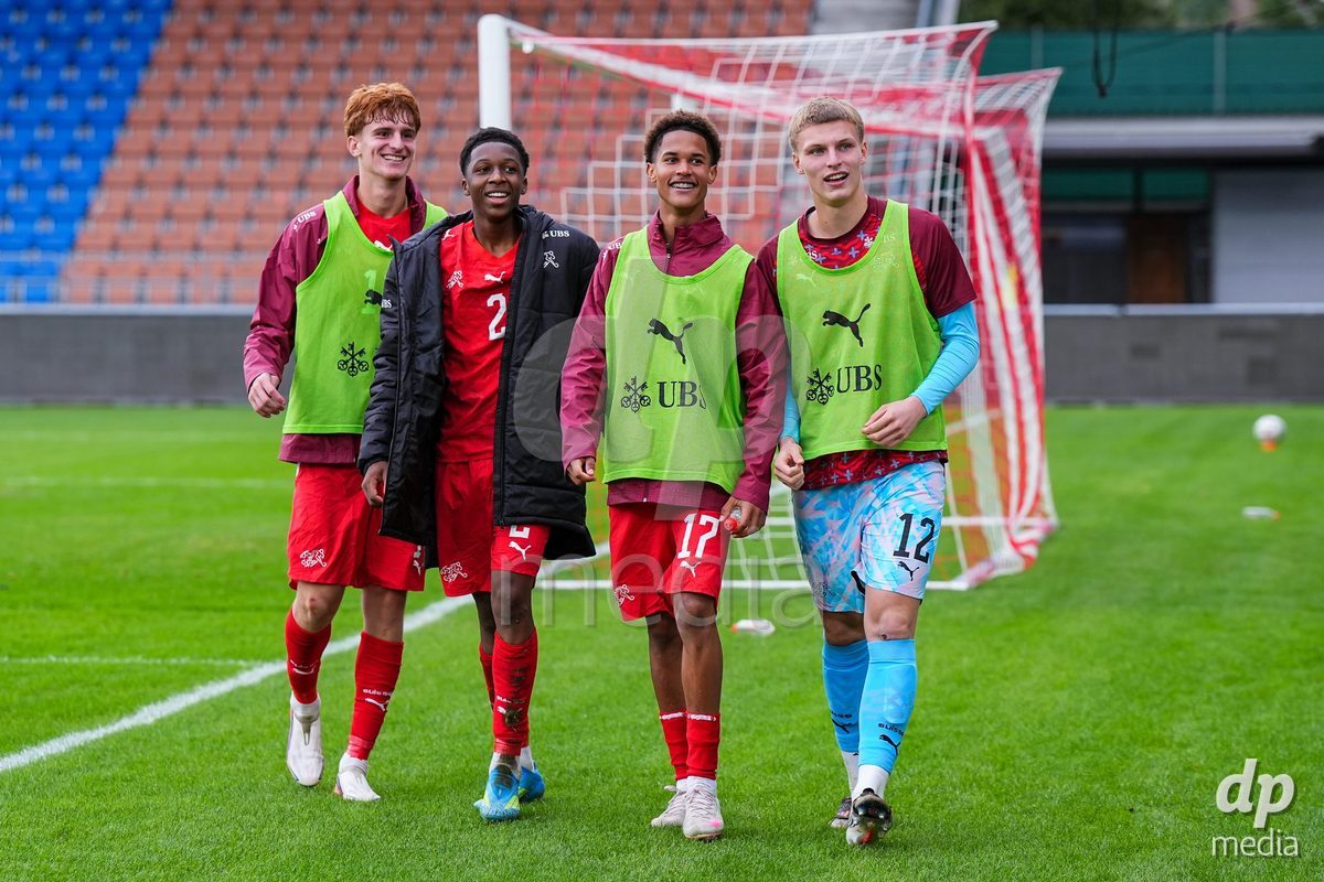 VADUZ, LIECHTENSTEIN - OCTOBER 18: Eron Kele, Darren Okoh, Kyle Kurt and Henrik Fehr of Switzerland celebrate their second team goal during the UEFA European Under-17 Qualifier match between Switzerland and Spain at Rheinpark Stadion on October 18, 2026 in Vaduz, Liechtenstein.