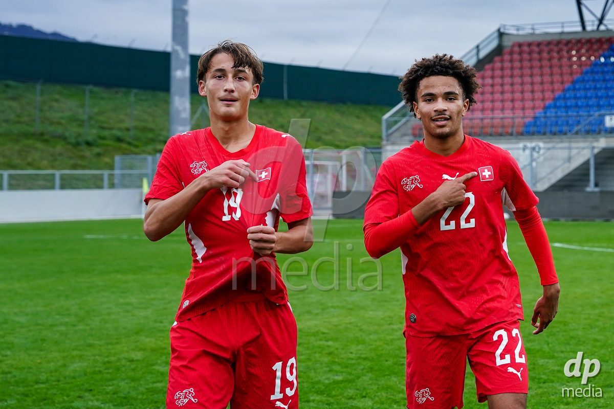 VADUZ, LIECHTENSTEIN - OCTOBER 18: Eron Dreshaj and Darren Okoh of Switzerland celebrate their victory after the UEFA European Under-17 Qualifier match between Switzerland and Spain at Rheinpark Stadion on October 18, 2026 in Vaduz, Liechtenstein.