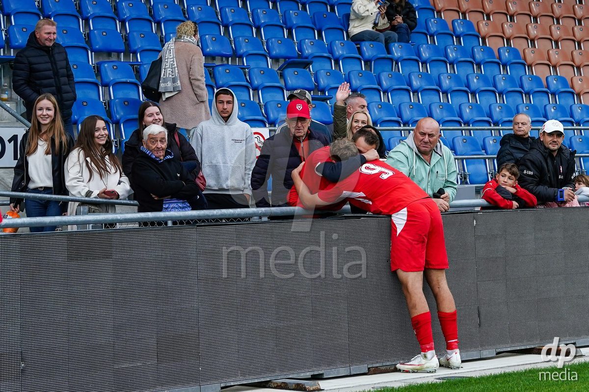 VADUZ, LIECHTENSTEIN - OCTOBER 18: Niko Cavka of Switzerland celebrates the victory with his family after the UEFA European Under-17 Qualifier match between Switzerland and Spain at Rheinpark Stadion on October 18, 2026 in Vaduz, Liechtenstein.