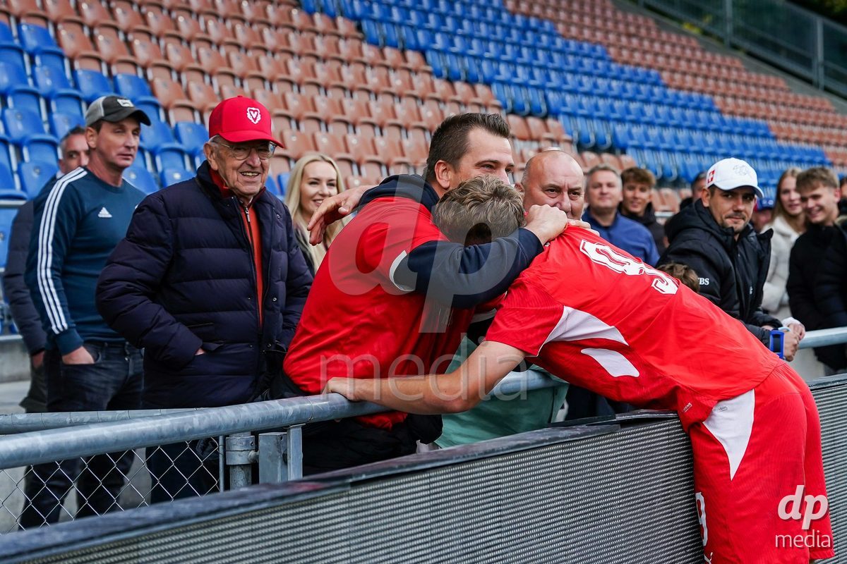 VADUZ, LIECHTENSTEIN - OCTOBER 18: Niko Cavka of Switzerland celebrates the victory with his family after the UEFA European Under-17 Qualifier match between Switzerland and Spain at Rheinpark Stadion on October 18, 2026 in Vaduz, Liechtenstein.