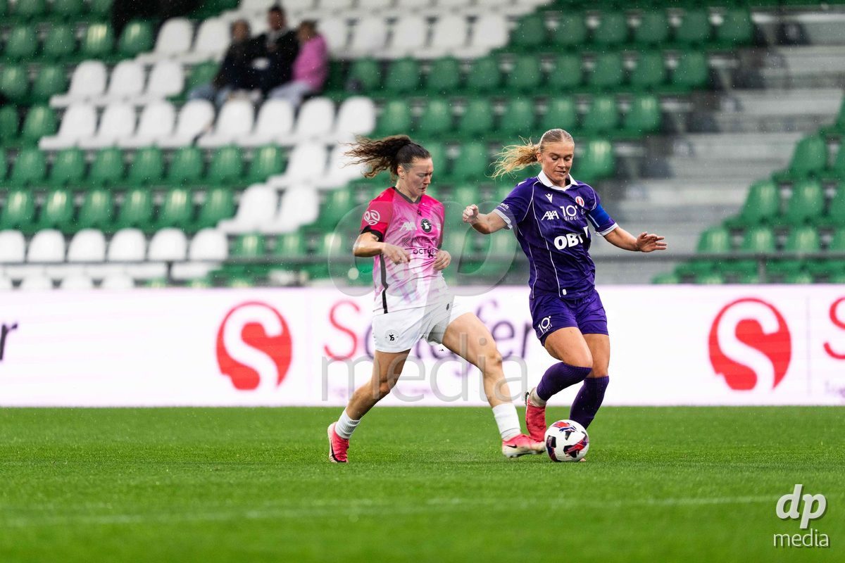YVERDON-LES-BAINS, SWITZERLAND - OCTOBER 18: 9 Cecilia Eileen Bertiena Way of FC Rapperswil-Jona challenging with the ball during the AXA Women's Super League match between FC Yverdon Women and FC Rapperswil-Jona at Stade Municipal on October 18, 2026 in Yverdon-les-Bains, Switzerland.