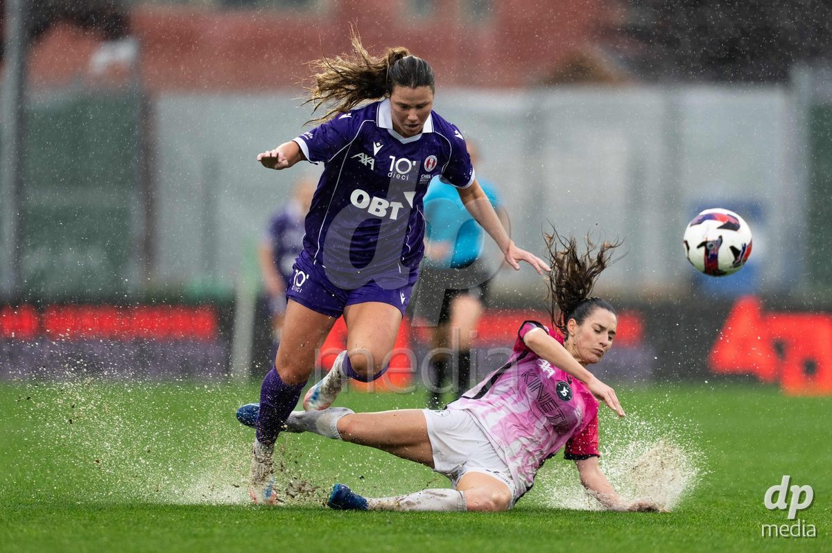 YVERDON-LES-BAINS, SWITZERLAND - OCTOBER 18: 33 Olivia Halina Borgen of FC Rapperswil-Jona challenging with the ball during the AXA Women's Super League match between FC Yverdon Women and FC Rapperswil-Jona at Stade Municipal on October 18, 2026 in Yverdon-les-Bains, Switzerland.