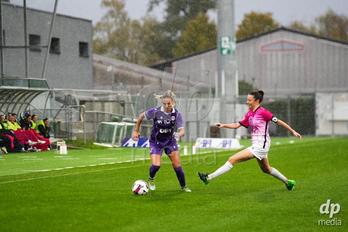 YVERDON-LES-BAINS, SWITZERLAND - OCTOBER 18: 3 Bergros Asgeirsdottir of FC Rapperswil-Jona challenging with the ball during the AXA Women's Super League match between FC Yverdon Women and FC Rapperswil-Jona at Stade Municipal on October 18, 2026 in Yverdon-les-Bains, Switzerland.