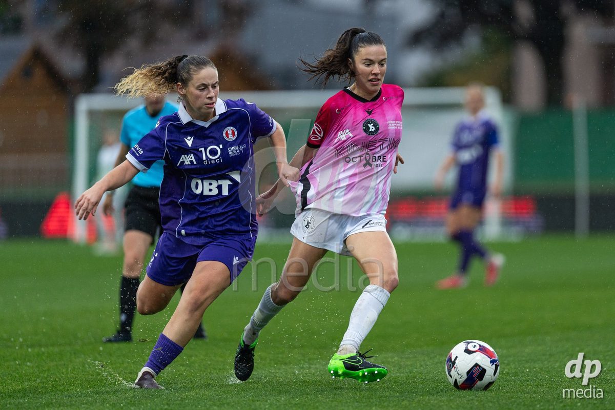 YVERDON-LES-BAINS, SWITZERLAND - OCTOBER 18: Chloé Marie Anne Le Franc of Yverdon Sport Women battles for the ball during the AXA Women's Super League match between FC Yverdon Women and FC Rapperswil-Jona at Stade Municipal on October 18, 2026 in Yverdon-les-Bains, Switzerland.