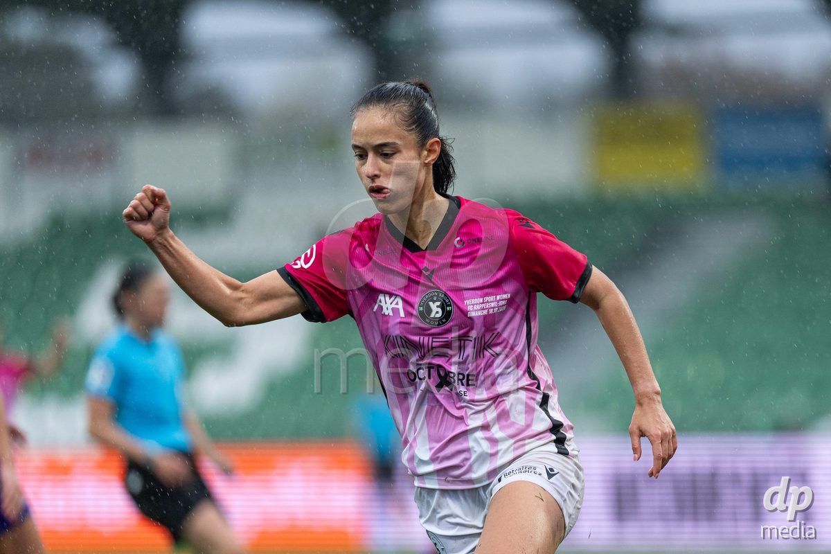 YVERDON-LES-BAINS, SWITZERLAND - OCTOBER 18: Ines Khiri of Yverdon Sport Women celebrates the goal during the AXA Women's Super League match between FC Yverdon Women and FC Rapperswil-Jona at Stade Municipal on October 18, 2026 in Yverdon-les-Bains, Switzerland.