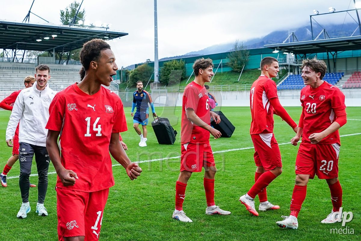 VADUZ, LIECHTENSTEIN - OCTOBER 18: Ryan Hare of Switzerland celebrates the victory after the UEFA European Under-17 Qualifier match between Switzerland and Spain at Rheinpark Stadion on October 18, 2026 in Vaduz, Liechtenstein.