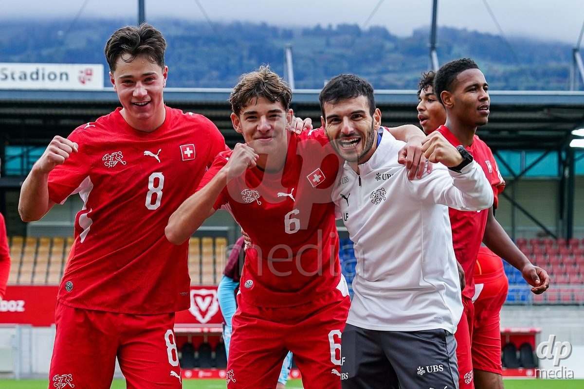 VADUZ, LIECHTENSTEIN - OCTOBER 18: Leandro Cottiati of Switzerland and Niklas Zuger of Switzerland celebrate during the UEFA European Under-17 Qualifier match between Switzerland and Spain at Rheinpark Stadion on October 18, 2026 in Vaduz, Liechtenstein.