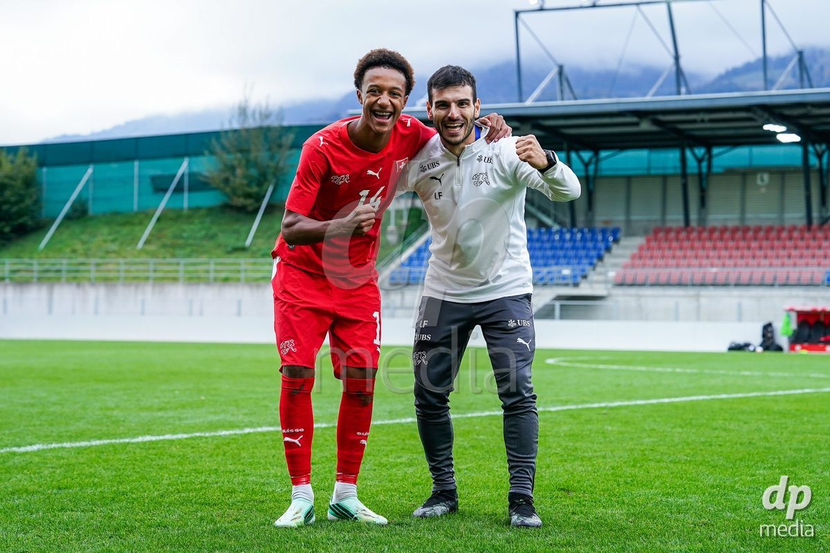 VADUZ, LIECHTENSTEIN - OCTOBER 18: Ryan Hare of Switzerland celebrates the victory after the UEFA European Under-17 Qualifier match between Switzerland and Spain at Rheinpark Stadion on October 18, 2026 in Vaduz, Liechtenstein.