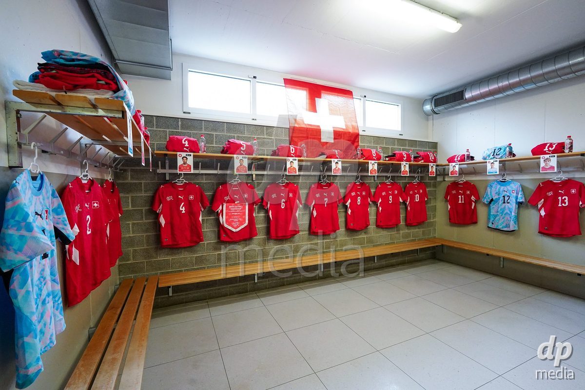 VADUZ, LIECHTENSTEIN - OCTOBER 18: General view inside the dressing room of Switzeralnd prior to the UEFA European Under-17 Qualifier match between Switzerland and Spain at Rheinpark Stadion on October 18, 2026 in Vaduz, Liechtenstein.