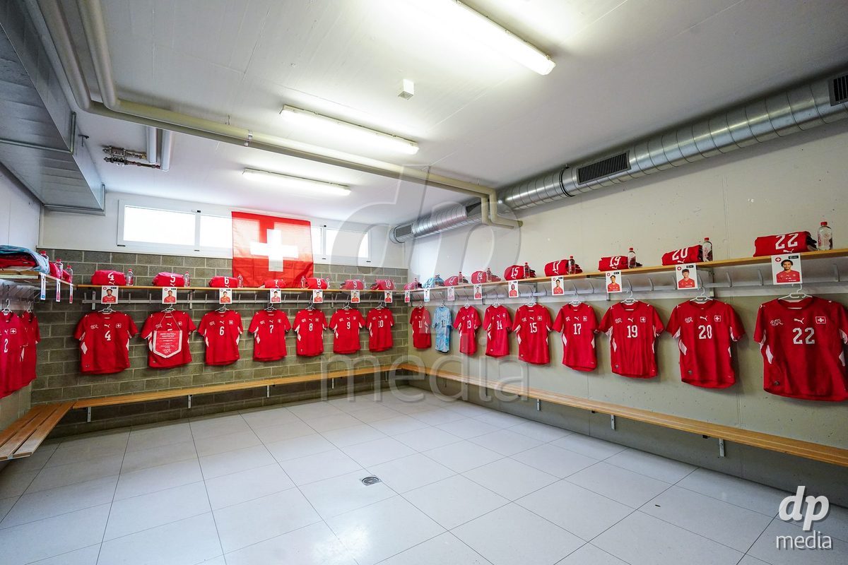 VADUZ, LIECHTENSTEIN - OCTOBER 18: General view inside the dressing room of Switzeralnd prior to the UEFA European Under-17 Qualifier match between Switzerland and Spain at Rheinpark Stadion on October 18, 2026 in Vaduz, Liechtenstein.