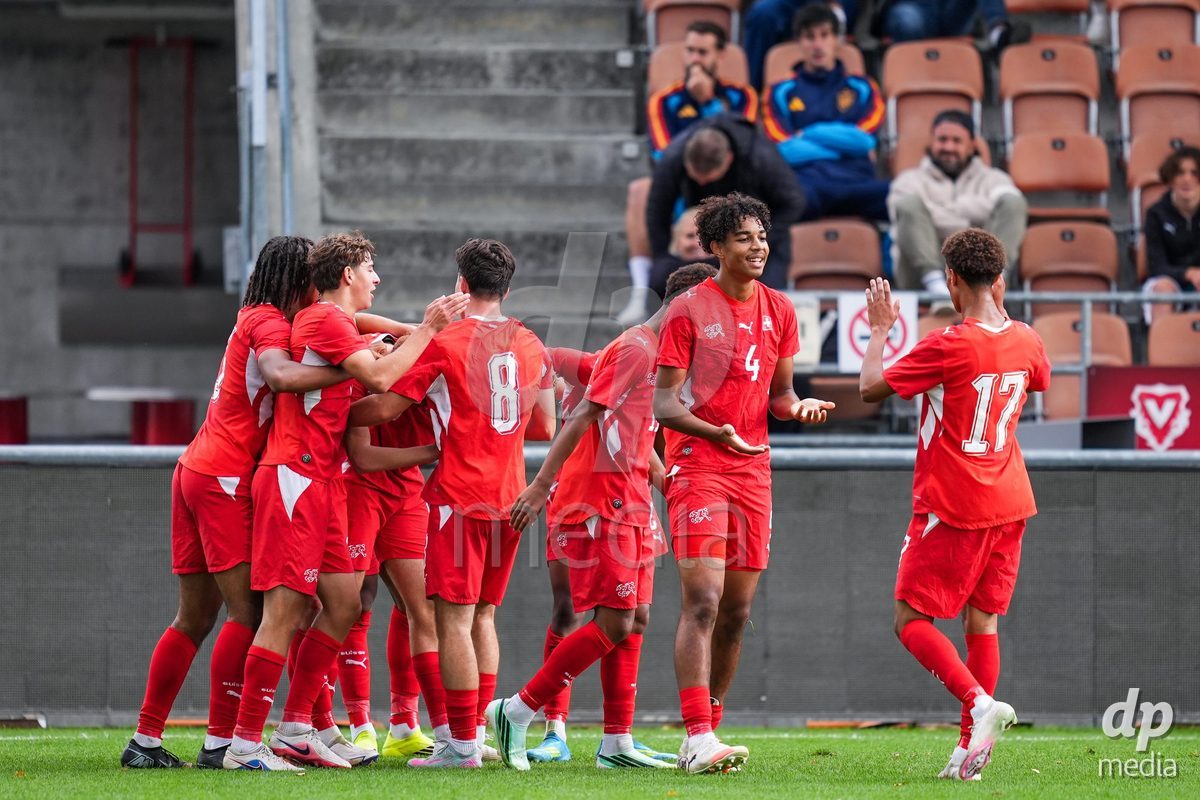 VADUZ, LIECHTENSTEIN - OCTOBER 18: Eron Kele of Switzerland celebrates scoring the first team goal during the UEFA European Under-17 Qualifier match between Switzerland and Spain at Rheinpark Stadion on October 18, 2026 in Vaduz, Liechtenstein.