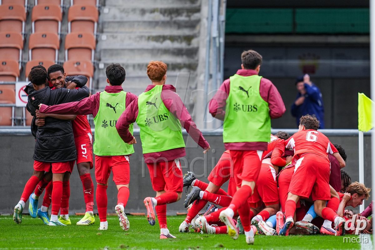 VADUZ, LIECHTENSTEIN - OCTOBER 18: Niko Cavka of Switzerland celebrates scoring the second team goal during the UEFA European Under-17 Qualifier match between Switzerland and Spain at Rheinpark Stadion on October 18, 2026 in Vaduz, Liechtenstein.
