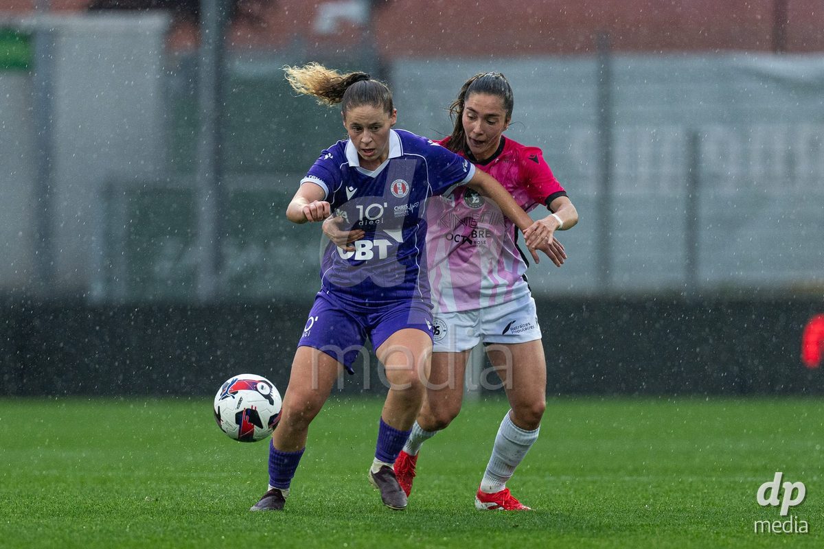 YVERDON-LES-BAINS, SWITZERLAND - OCTOBER 18: Audrey Remy of Yverdon Sport Women battles for the ball during the AXA Women's Super League match between FC Yverdon Women and FC Rapperswil-Jona at Stade Municipal on October 18, 2026 in Yverdon-les-Bains, Switzerland.