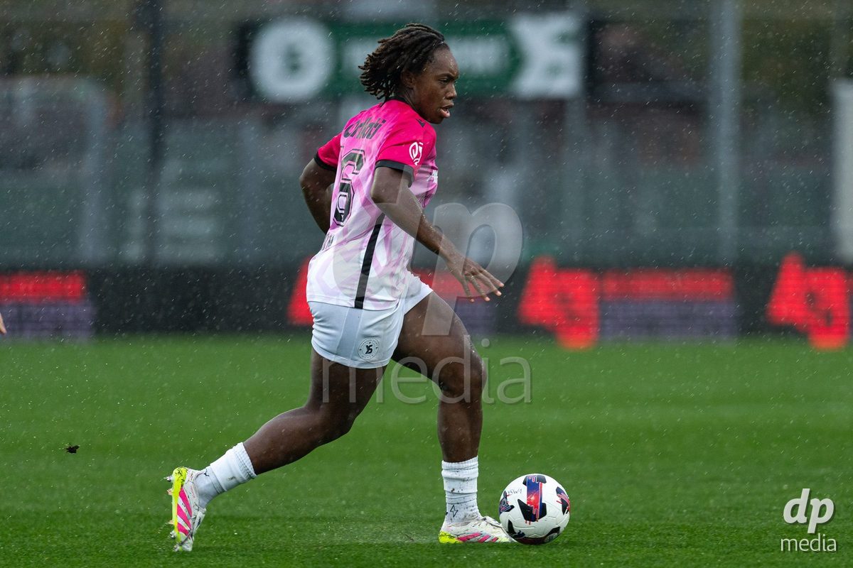 YVERDON-LES-BAINS, SWITZERLAND - OCTOBER 18: Maeva Sogan of Yverdon Sport Women drives the ball during the AXA Women's Super League match between FC Yverdon Women and FC Rapperswil-Jona at Stade Municipal on October 18, 2026 in Yverdon-les-Bains, Switzerland.