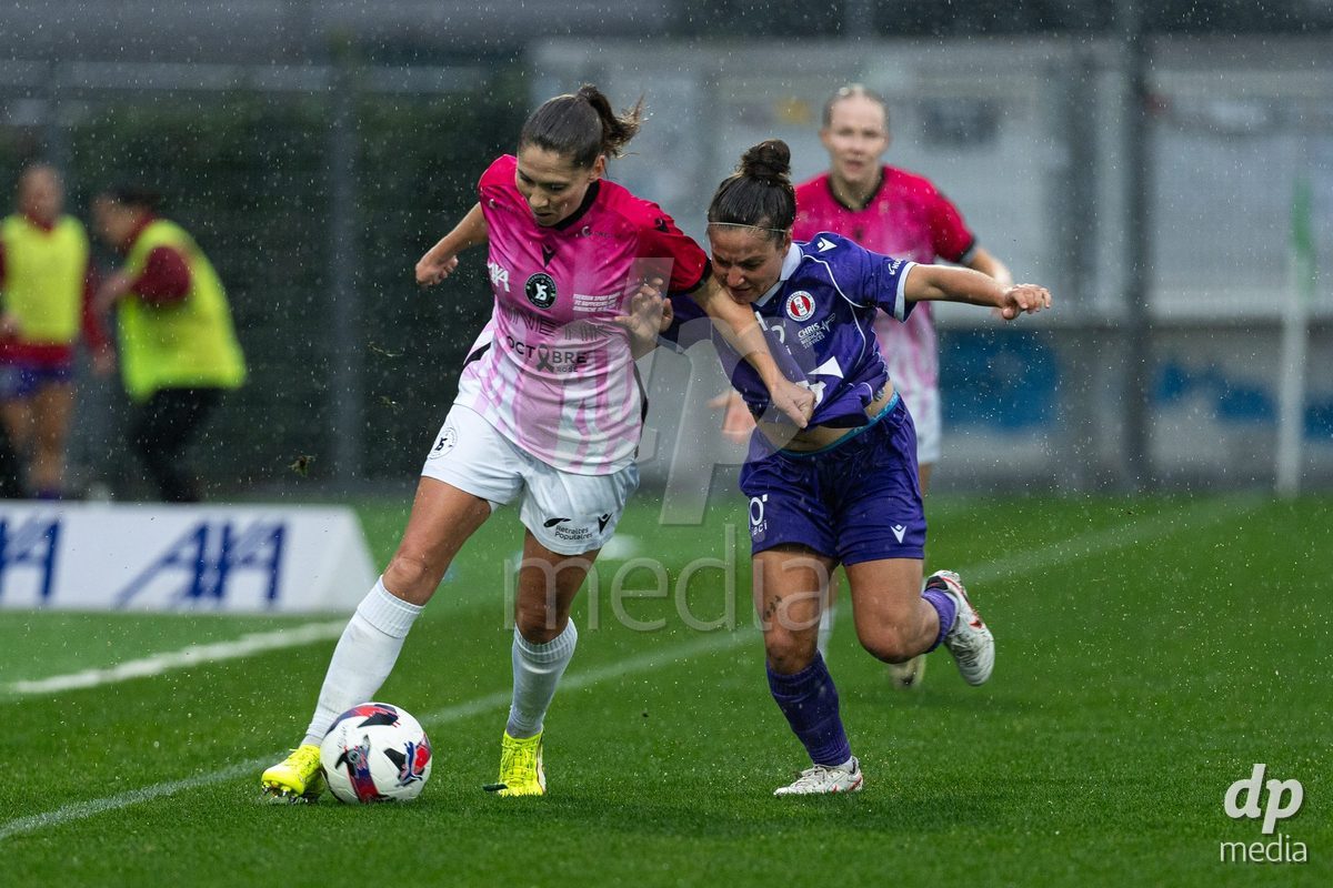 YVERDON-LES-BAINS, SWITZERLAND - OCTOBER 18: Sandrine Gaillard Mauron of Yverdon Sport Women challenges for the ball during the AXA Women's Super League match between FC Yverdon Women and FC Rapperswil-Jona at Stade Municipal on October 18, 2026 in Yverdon-les-Bains, Switzerland.