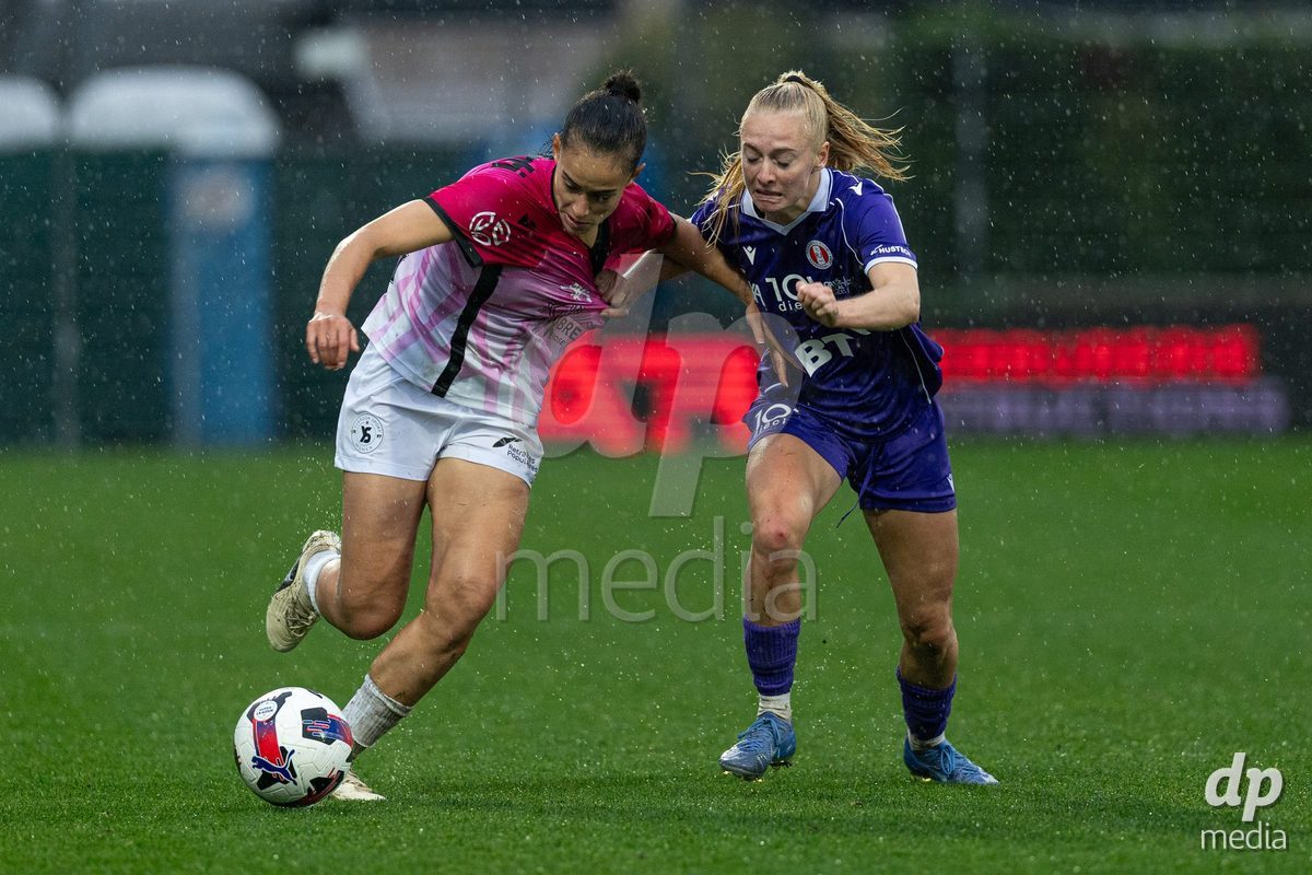 YVERDON-LES-BAINS, SWITZERLAND - OCTOBER 18: Ines Khiri of Yverdon Sport Women battles for the ball during the AXA Women's Super League match between FC Yverdon Women and FC Rapperswil-Jona at Stade Municipal on October 18, 2026 in Yverdon-les-Bains, Switzerland.