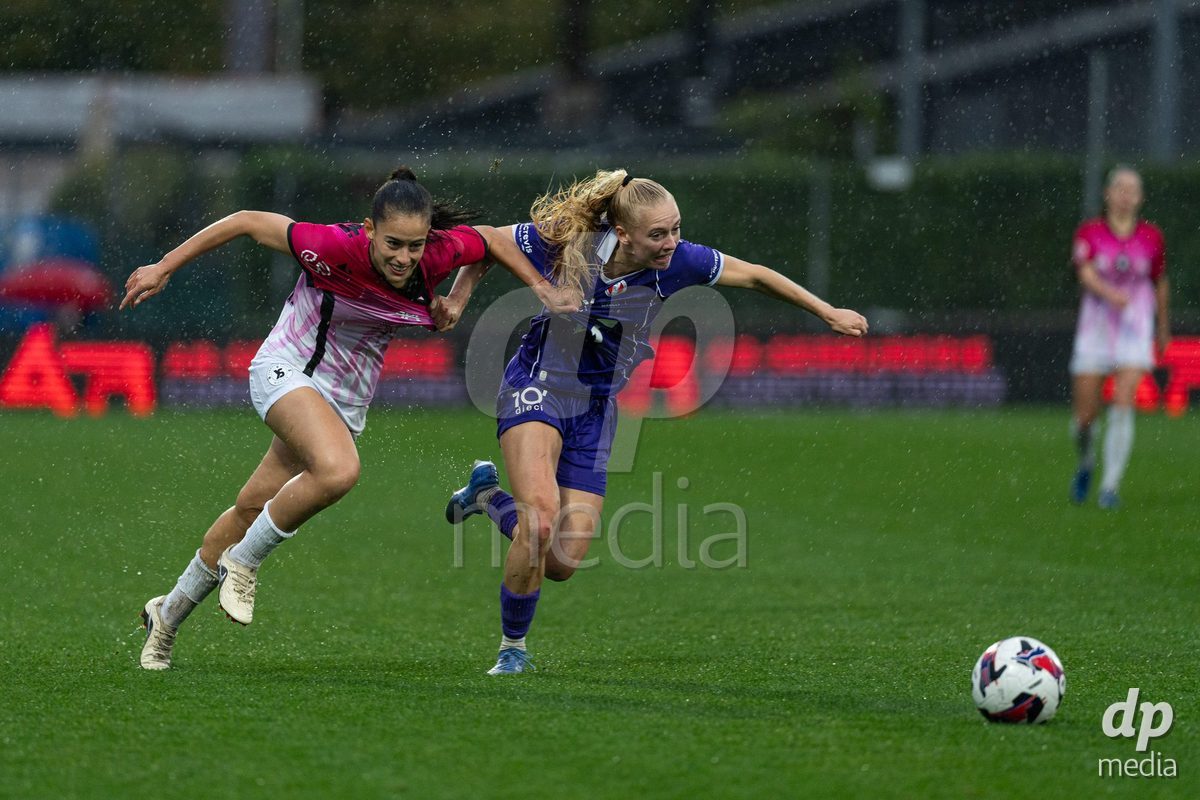 YVERDON-LES-BAINS, SWITZERLAND - OCTOBER 18: Ines Khiri of Yverdon Sport Women battles for the ball during the AXA Women's Super League match between FC Yverdon Women and FC Rapperswil-Jona at Stade Municipal on October 18, 2026 in Yverdon-les-Bains, Switzerland.