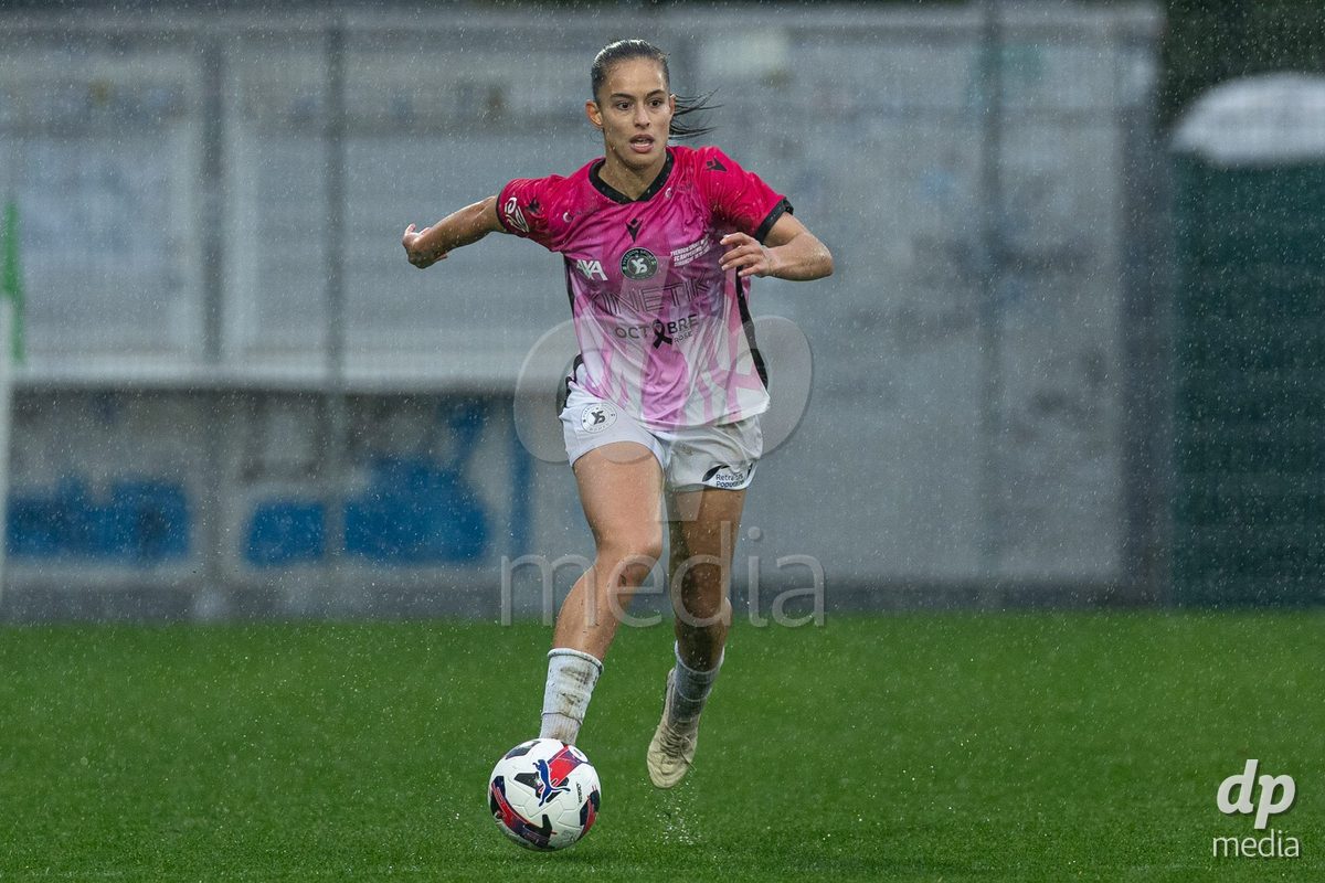 YVERDON-LES-BAINS, SWITZERLAND - OCTOBER 18: Ines Khiri of Yverdon Sport Women drives the ball during the AXA Women's Super League match between FC Yverdon Women and FC Rapperswil-Jona at Stade Municipal on October 18, 2026 in Yverdon-les-Bains, Switzerland.
