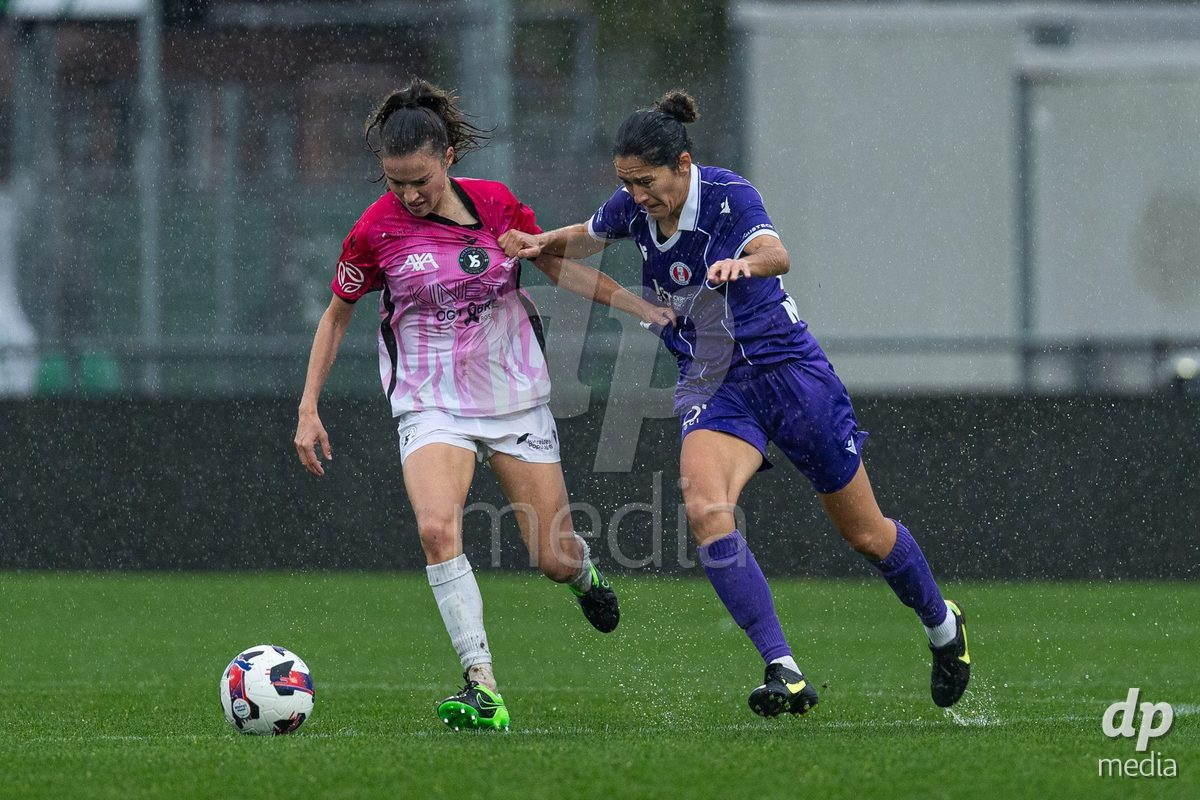 YVERDON-LES-BAINS, SWITZERLAND - OCTOBER 18: Chloé Marie Anne Le Franc of Yverdon Sport Women battles for the ball during the AXA Women's Super League match between FC Yverdon Women and FC Rapperswil-Jona at Stade Municipal on October 18, 2026 in Yverdon-les-Bains, Switzerland.