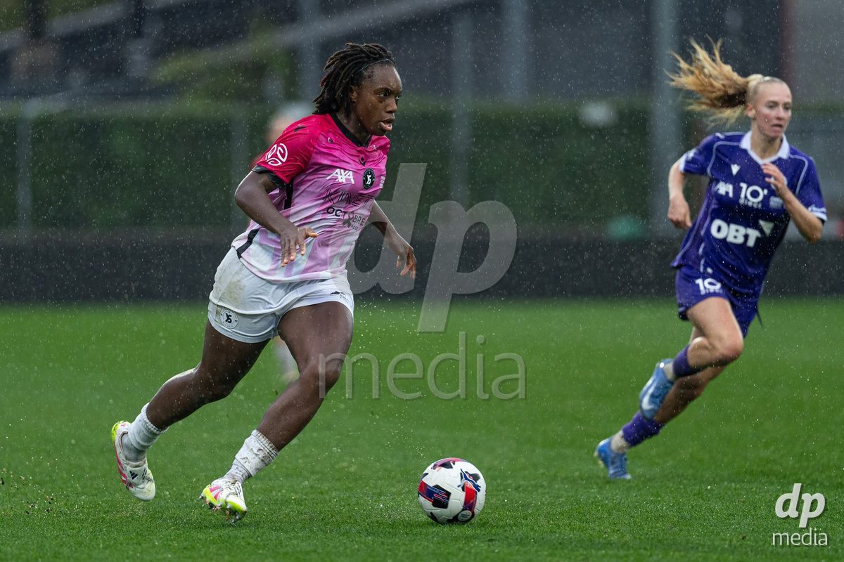 YVERDON-LES-BAINS, SWITZERLAND - OCTOBER 18: Maeva Sogan of Yverdon Sport Women drives the ball during the AXA Women's Super League match between FC Yverdon Women and FC Rapperswil-Jona at Stade Municipal on October 18, 2026 in Yverdon-les-Bains, Switzerland.