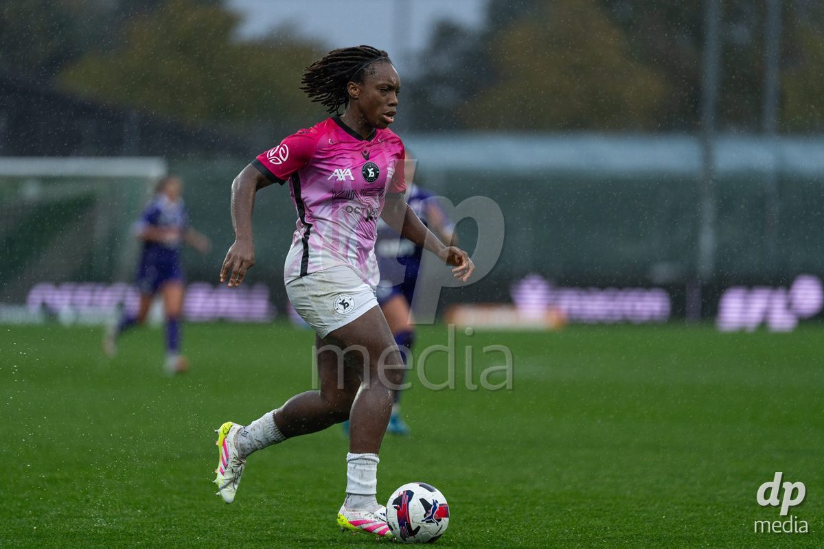 YVERDON-LES-BAINS, SWITZERLAND - OCTOBER 18: Maeva Sogan of Yverdon Sport Women drives the ball during the AXA Women's Super League match between FC Yverdon Women and FC Rapperswil-Jona at Stade Municipal on October 18, 2026 in Yverdon-les-Bains, Switzerland.