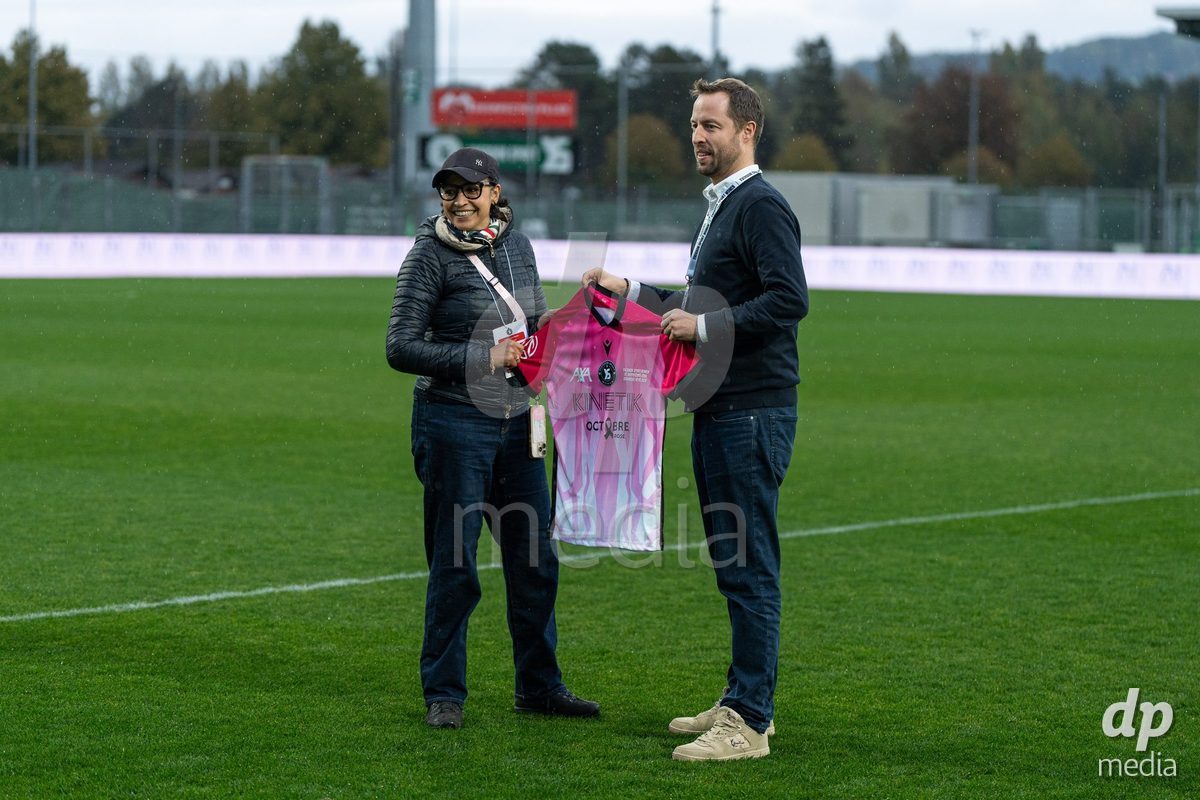 YVERDON-LES-BAINS, SWITZERLAND - OCTOBER 18: Assya Gendre, founder of La Cassya association and Nicolas Cherbuin prior to the AXA Women's Super League match between FC Yverdon Women and FC Rapperswil-Jona at Stade Municipal on October 18, 2026 in Yverdon-les-Bains, Switzerland.