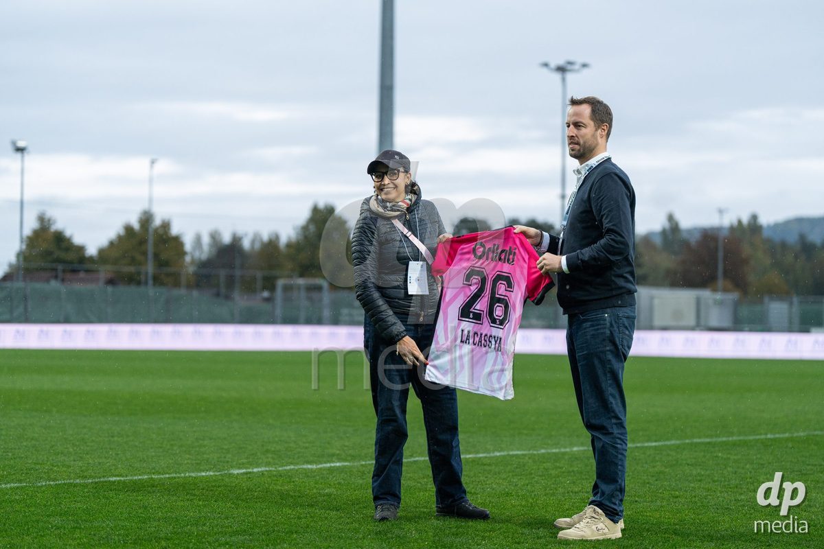 YVERDON-LES-BAINS, SWITZERLAND - OCTOBER 18: Assya Gendre, founder of La Cassya association and Nicolas Cherbuin prior to the AXA Women's Super League match between FC Yverdon Women and FC Rapperswil-Jona at Stade Municipal on October 18, 2026 in Yverdon-les-Bains, Switzerland.